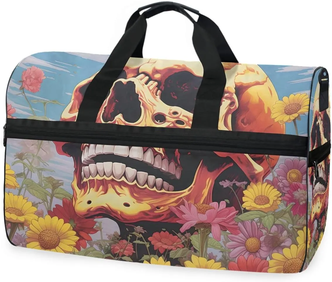 Skull Retro Flower Travel Duffel Bag Luggage Sports Gym Bags With Shoes Compartment Large Capacity Lightweight Duffle Bag For Men Women