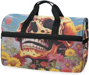 Skull Retro Flower Travel Duffel Bag Luggage Sports Gym Bags With Shoes Compartment Large Capacity Lightweight Duffle Bag For Men Women