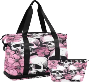 Skulls and Flowers Gym Bag for Men Women with Shoes Compartment & Wet Pocket Sport Travel Duffel Bag Waterproof Weekender Overnight Bag
