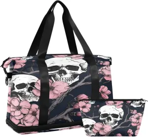 Skulls and Flowers Gym Bag for Men Women with Shoes Compartment & Wet Pocket Sport Travel Duffel Bag Waterproof Weekender Overnight Bag