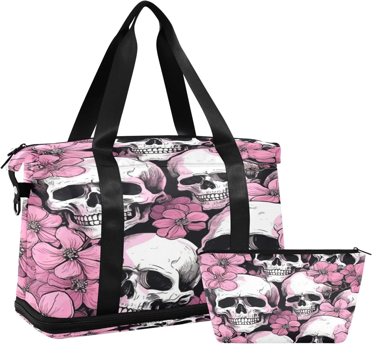 Skulls and Flowers Gym Bag for Men Women with Shoes Compartment & Wet Pocket Sport Travel Duffel Bag Waterproof Weekender Overnight Bag