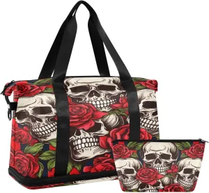 Skulls with Roses Gym Bag for Men Women with Shoes Compartment & Wet Pocket Sport Travel Duffel Bag Waterproof Weekender Overnight Bag