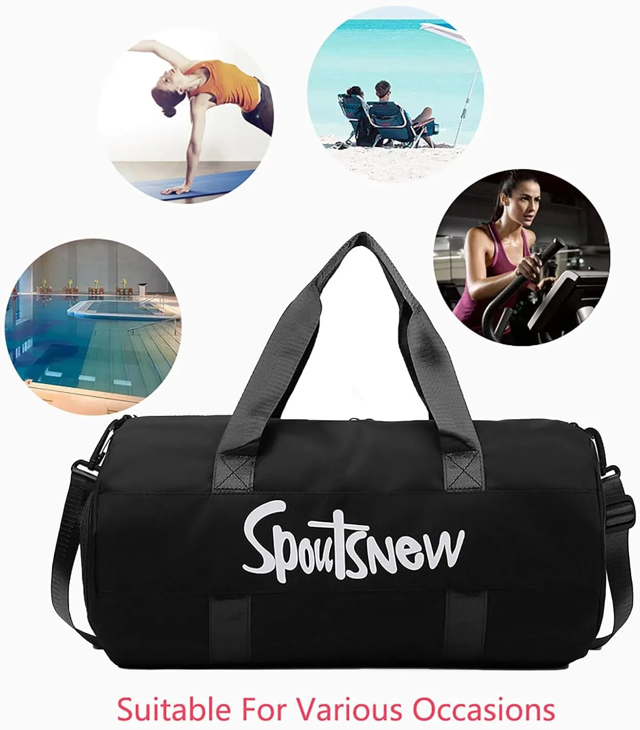 Sports Duffels Bag with Shoes Compartment Waterproof Overnight Bag for Beach Swim Travel Shoulder Bag for Women and Men (Black)