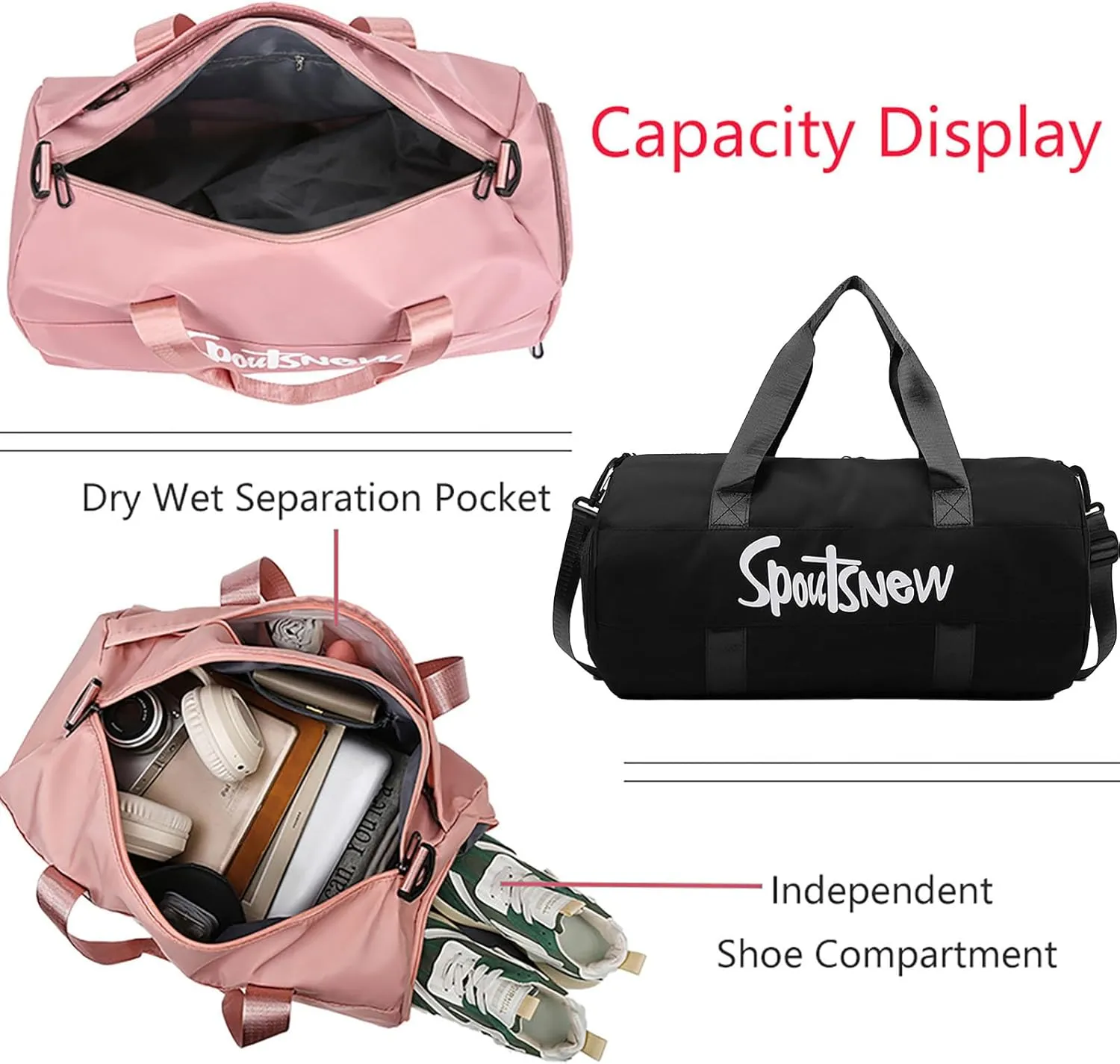 Sports Duffels Bag with Shoes Compartment Waterproof Overnight Bag for Beach Swim Travel Shoulder Bag for Women and Men (Black)
