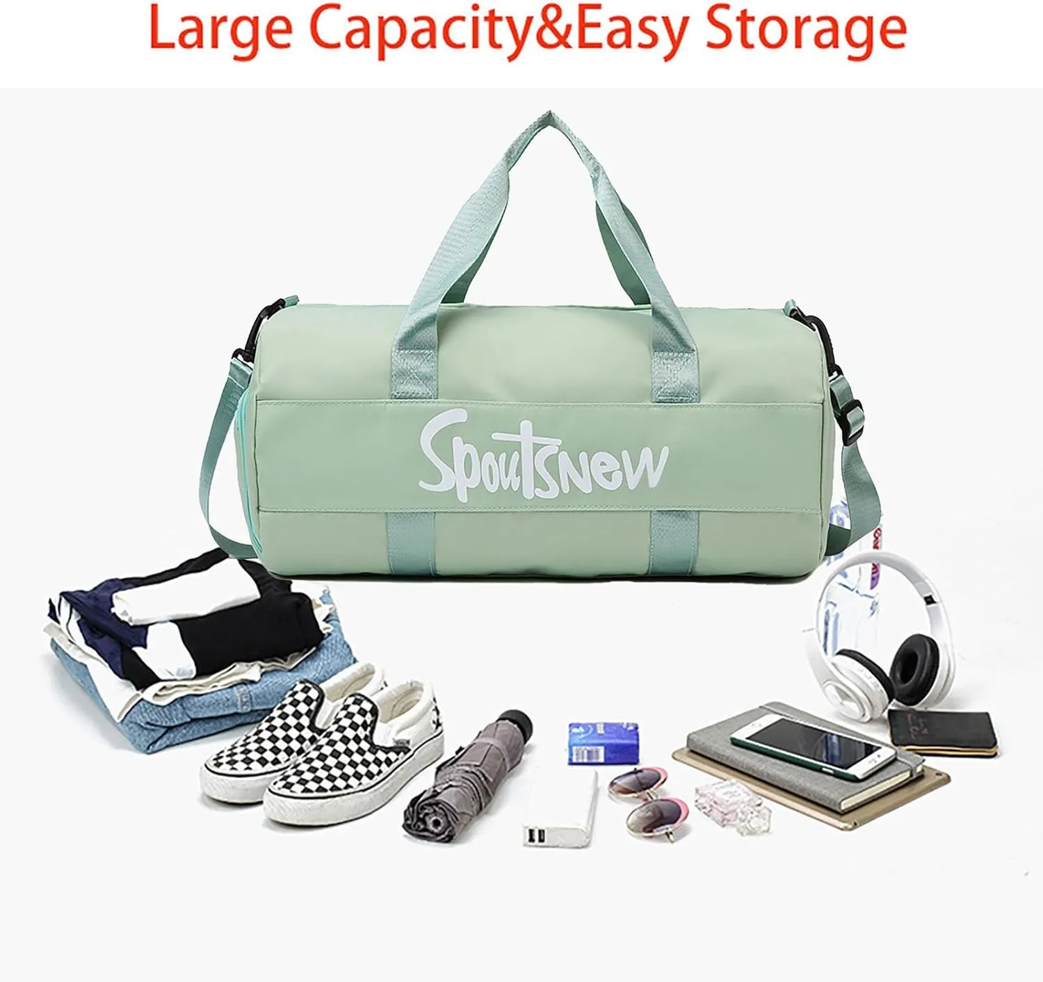 Sports Duffels Bag with Shoes Compartment Waterproof Overnight Bag for Beach Swim Travel Shoulder Bag for Women and Men (Green)