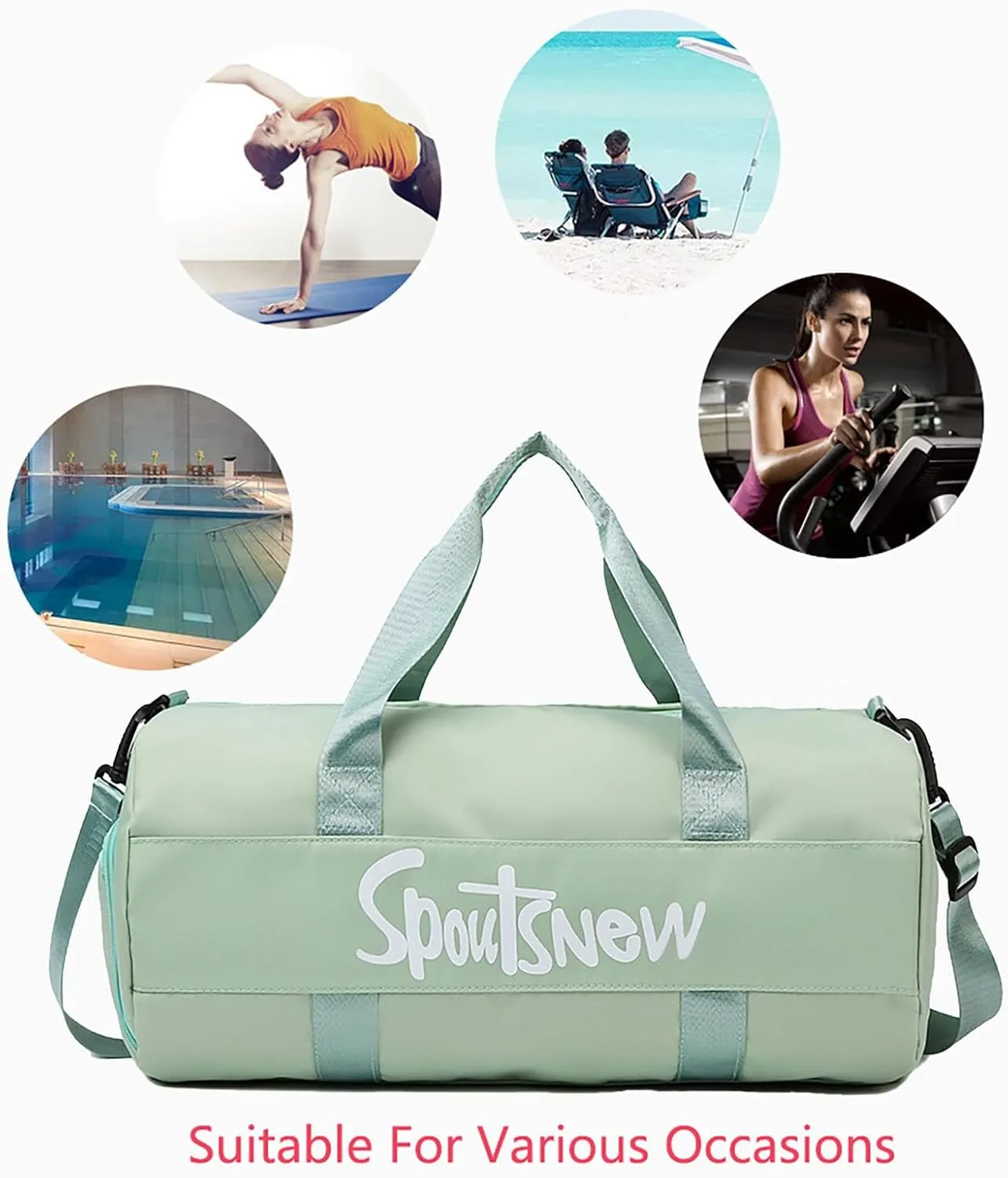 Sports Duffels Bag with Shoes Compartment Waterproof Overnight Bag for Beach Swim Travel Shoulder Bag for Women and Men (Green)