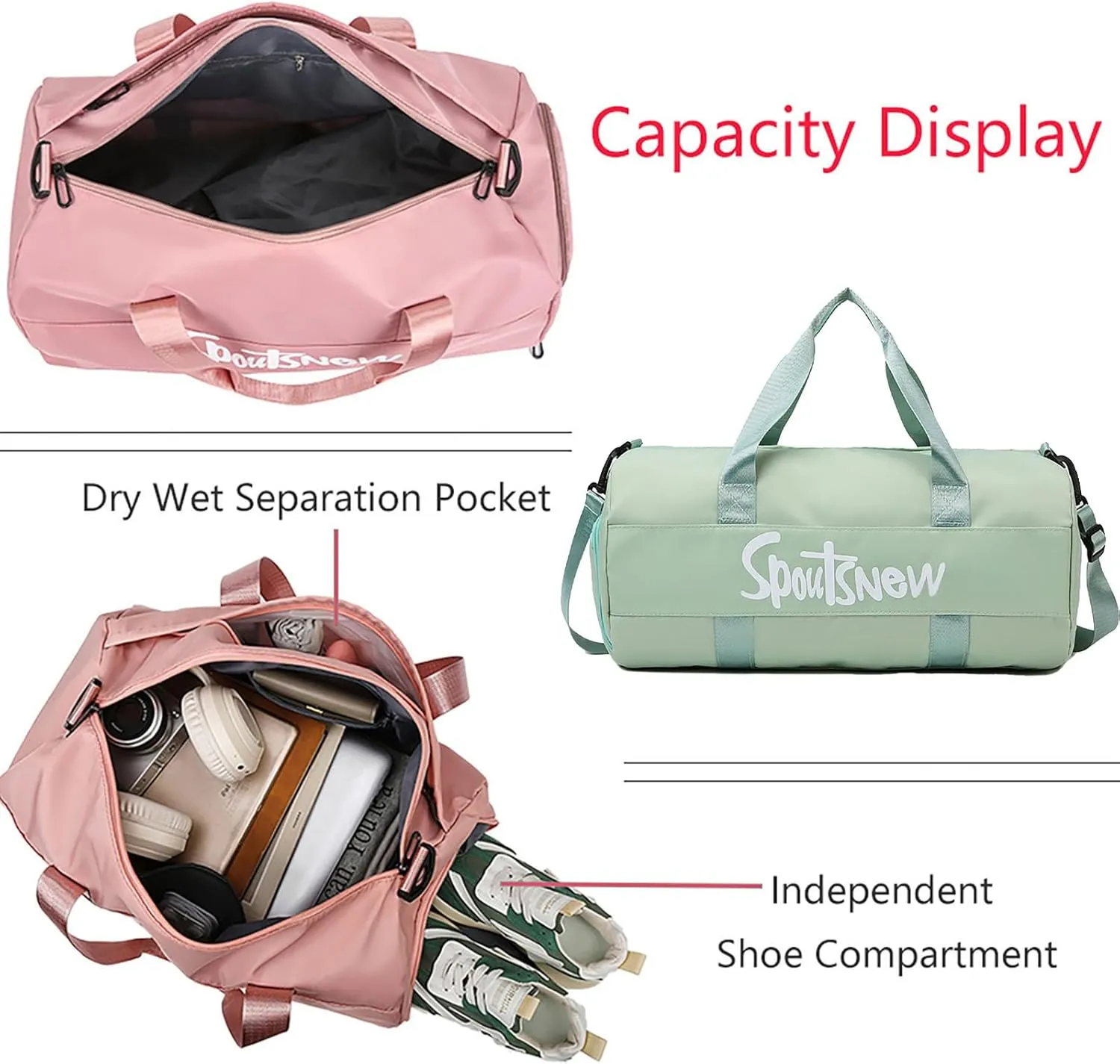 Sports Duffels Bag with Shoes Compartment Waterproof Overnight Bag for Beach Swim Travel Shoulder Bag for Women and Men (Green)