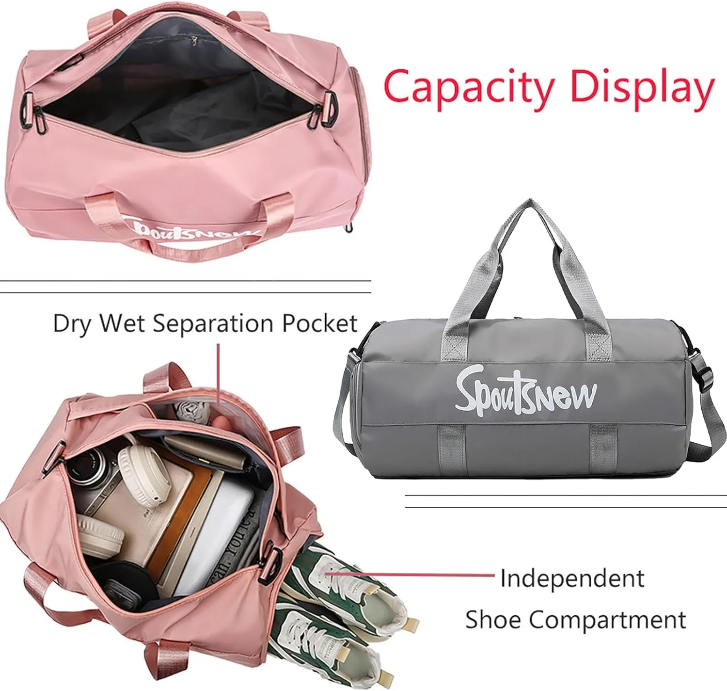 Sports Duffels Bag with Shoes Compartment Waterproof Overnight Bag for Beach Swim Travel Shoulder Bag for Women and Men (Lightg Gray)