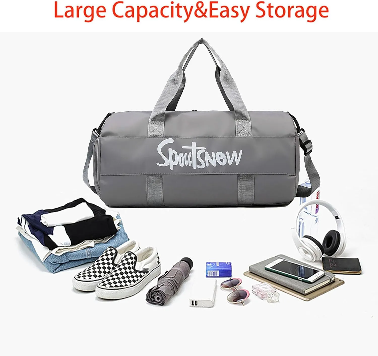 Sports Duffels Bag with Shoes Compartment Waterproof Overnight Bag for Beach Swim Travel Shoulder Bag for Women and Men (Lightg Gray)