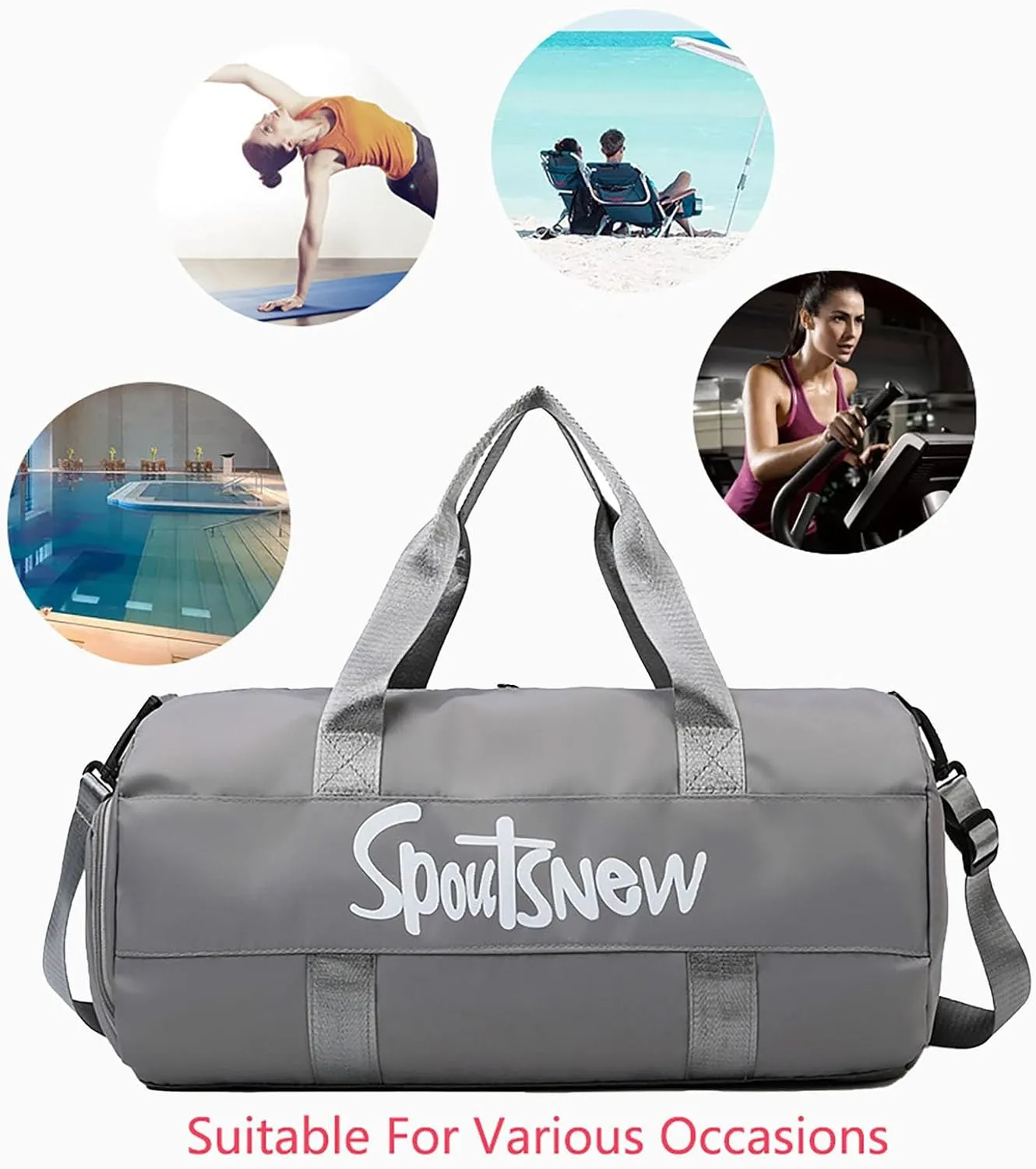 Sports Duffels Bag with Shoes Compartment Waterproof Overnight Bag for Beach Swim Travel Shoulder Bag for Women and Men (Lightg Gray)