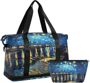 Starry Night Sports Gym Bag,Travel Duffel bag with Wet Pocket & Shoes Compartment Lightweight Waterproof Overnight Bag for Men Women