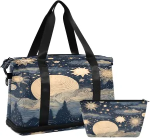 Stars and Moon Sports Gym Bag,Travel Duffel bag with Wet Pocket & Shoes Compartment Lightweight Waterproof Overnight Bag for Men Women