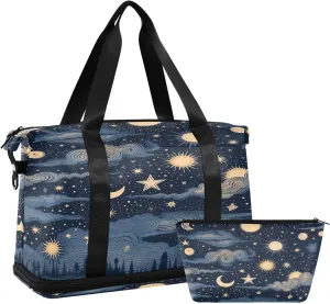 Stars and Moon Sports Gym Bag,Travel Duffel bag with Wet Pocket & Shoes Compartment Lightweight Waterproof Overnight Bag for Men Women