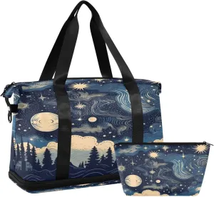 Stars and Moon Sports Gym Bag,Travel Duffel bag with Wet Pocket & Shoes Compartment Lightweight Waterproof Overnight Bag for Men Women