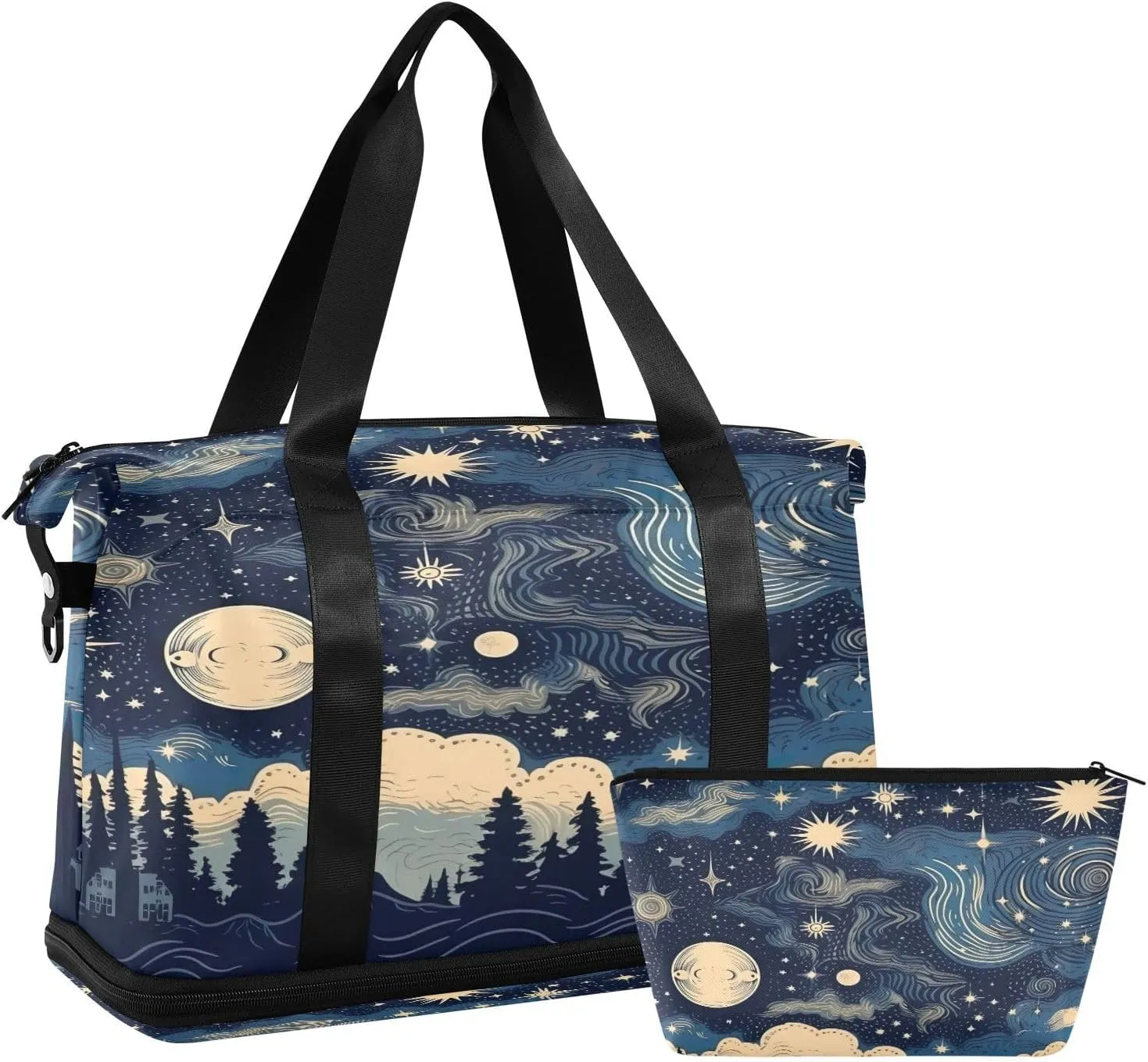 Stars and Moon Sports Gym Bag,Travel Duffel bag with Wet Pocket & Shoes Compartment Lightweight Waterproof Overnight Bag for Men Women