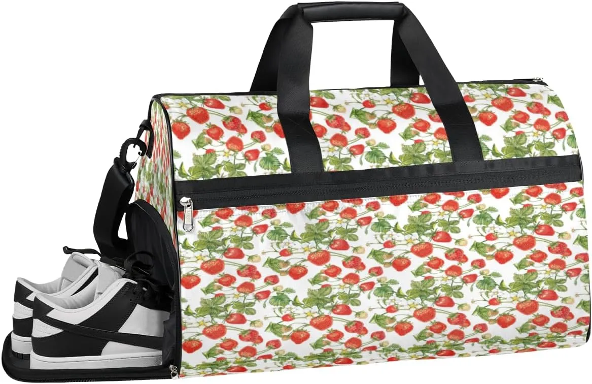 Strawberry Gym Bag for Men Women Fitness Workout Sports Duffle Bag with Shoes Compartment Fruits Flowers Water Resistant Overnight Weekender Duffel Bag