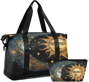 Sun and Moon Sports Gym Bag,Travel Duffel bag with Wet Pocket & Shoes Compartment Lightweight Waterproof Overnight Bag for Men Women