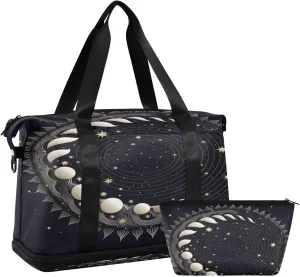 Sun and Moon Sports Gym Bag,Travel Duffel bag with Wet Pocket & Shoes Compartment Lightweight Waterproof Overnight Bag for Men Women