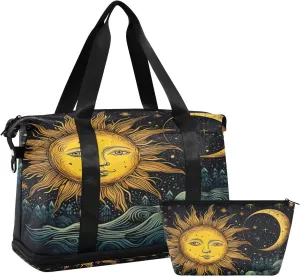 Sun and Moon Sports Gym Bag,Travel Duffel bag with Wet Pocket & Shoes Compartment Lightweight Waterproof Overnight Bag for Men Women
