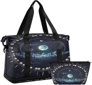 Sun and Moon Sports Gym Bag,Travel Duffel bag with Wet Pocket & Shoes Compartment Lightweight Waterproof Overnight Bag for Men Women