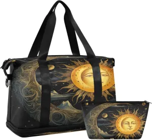 Sun and Moon Sports Gym Bag,Travel Duffel bag with Wet Pocket & Shoes Compartment Lightweight Waterproof Overnight Bag for Men Women