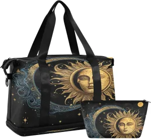Sun and Moon Sports Gym Bag,Travel Duffel bag with Wet Pocket & Shoes Compartment Lightweight Waterproof Overnight Bag for Men Women