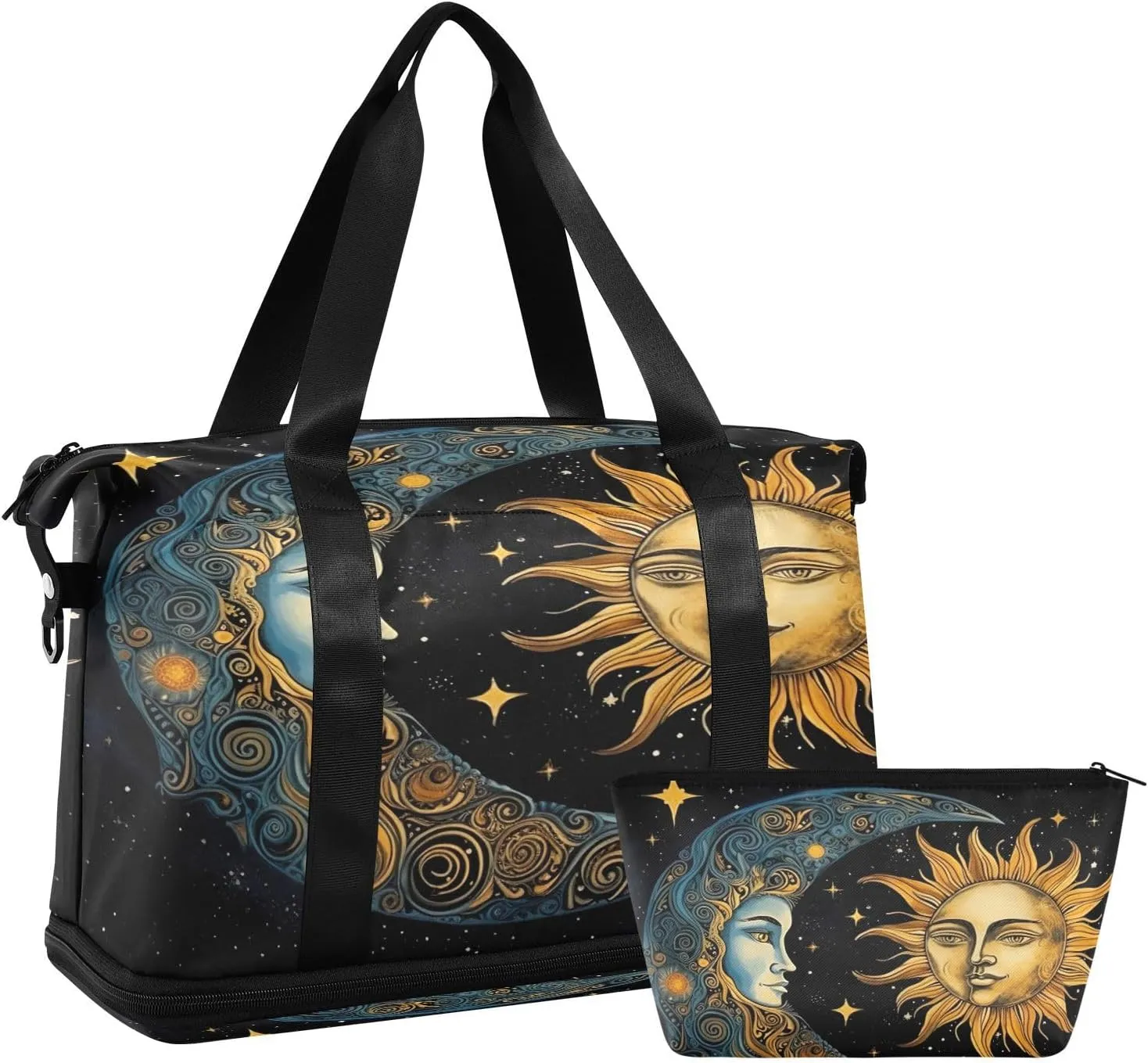 Sun and Moon Sports Gym Bag,Travel Duffel bag with Wet Pocket & Shoes Compartment Lightweight Waterproof Overnight Bag for Men Women