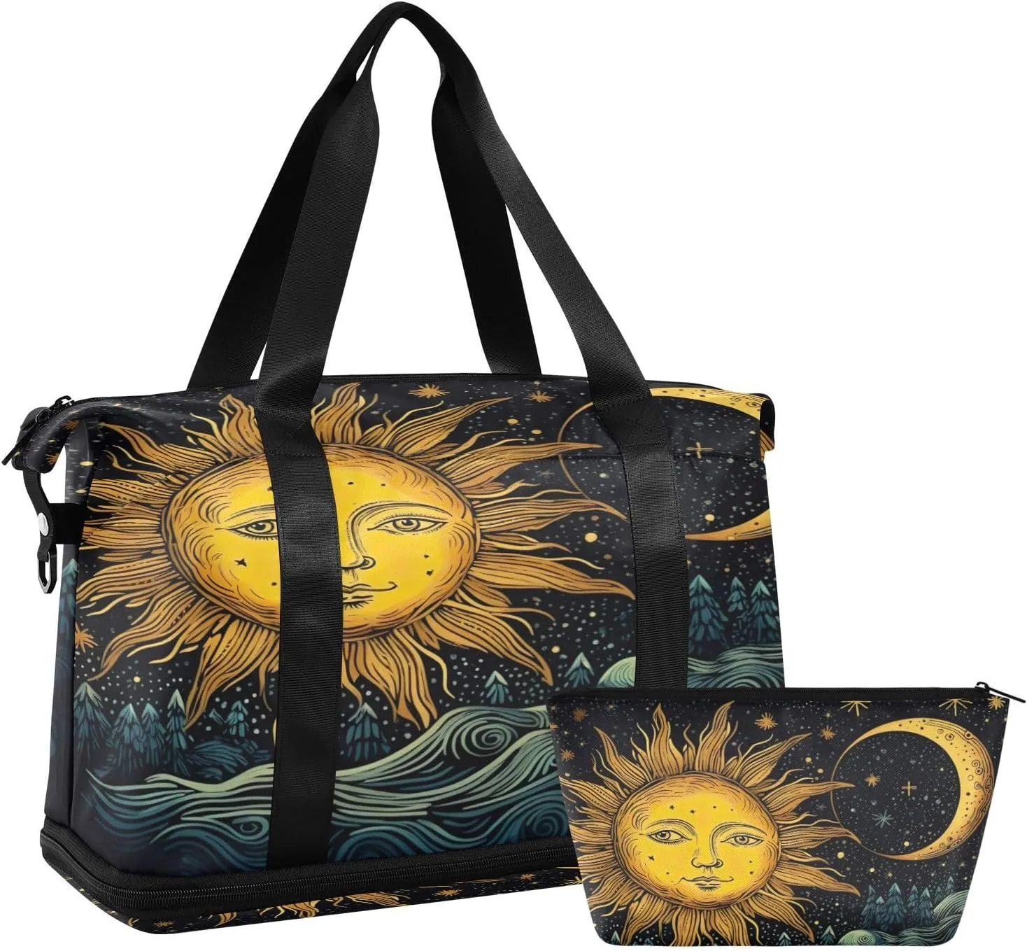Sun and Moon Sports Gym Bag,Travel Duffel bag with Wet Pocket & Shoes Compartment Lightweight Waterproof Overnight Bag for Men Women