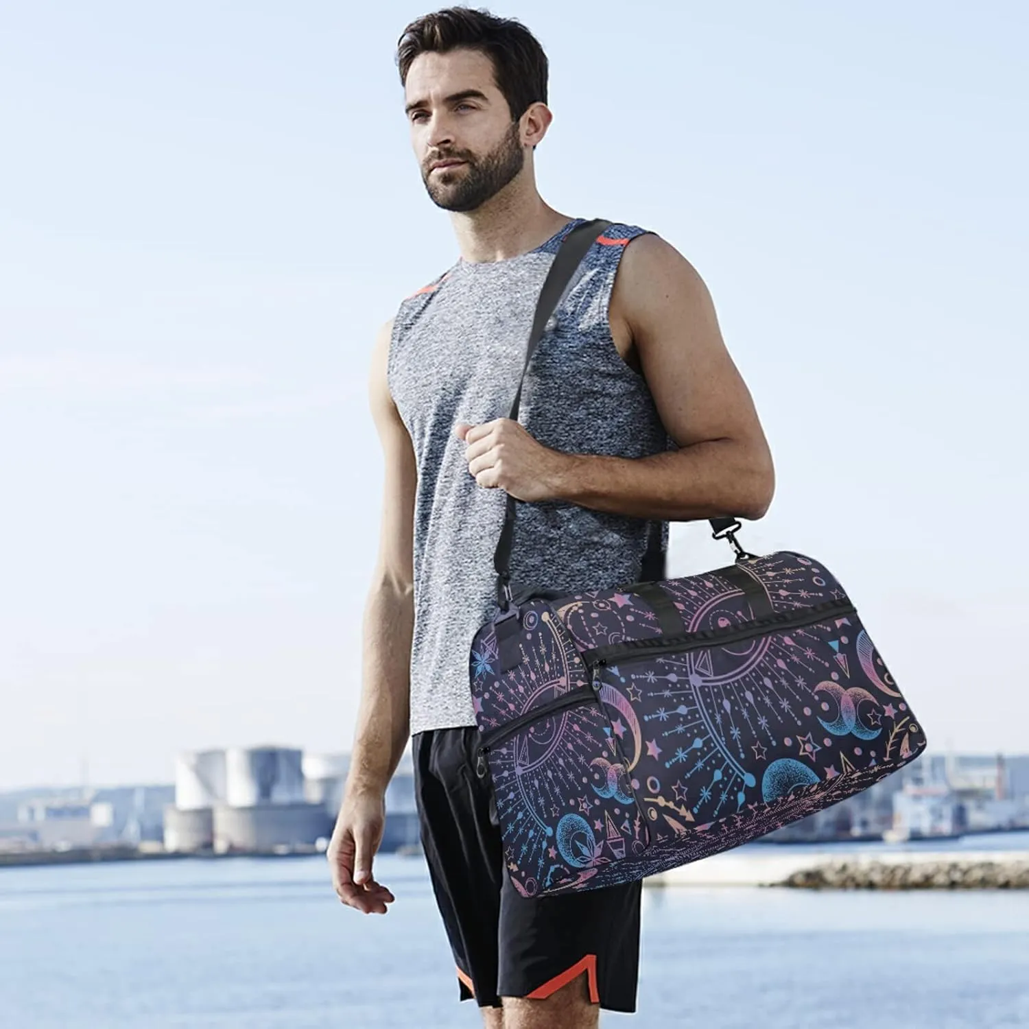 Sun Moon Star Astrology Travel Duffel Bag Luggage Sports Gym Bag With Shoes Compartment Large Capacity Duffle Bag For Men Women
