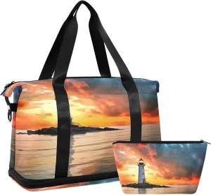 Sunset Light House Sports Gym Bag,Travel Duffel bag with Wet Pocket & Shoes Compartment Lightweight Waterproof Overnight Bag for Men Women