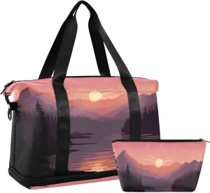Sunset with Mountains Sports Gym Bag,Travel Duffel bag with Wet Pocket & Shoes Compartment Lightweight Waterproof Overnight Bag for Men Women