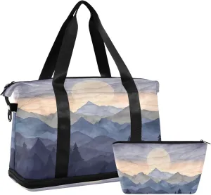 Sunset with Mountains Sports Gym Bag,Travel Duffel bag with Wet Pocket & Shoes Compartment Lightweight Waterproof Overnight Bag for Men Women