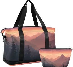 Sunset with Mountains Sports Gym Bag,Travel Duffel bag with Wet Pocket & Shoes Compartment Lightweight Waterproof Overnight Bag for Men Women