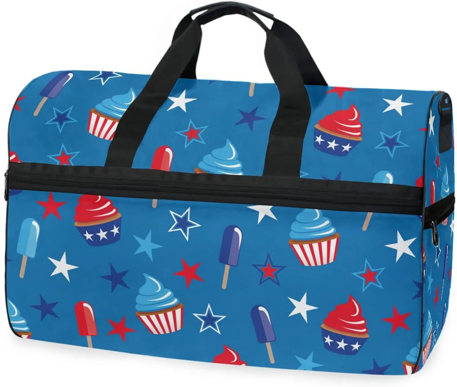 susiyo 4th Of July Blue Stars Sports Gym Bag, Travel Duffel Bag with Shoes Compartment Overnight Weekender Workout Bag for Men Women