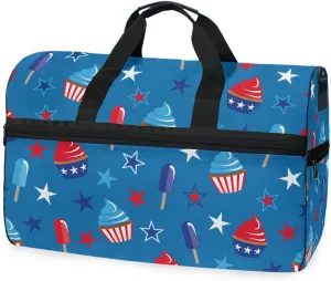 susiyo 4th Of July Blue Stars Sports Gym Bag, Travel Duffel Bag with Shoes Compartment Overnight Weekender Workout Bag for Men Women