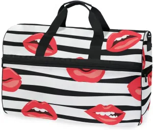 susiyo Black White Stripes Lips Sports Gym Bag, Travel Duffel Bag with Shoes Compartment Overnight Weekender Workout Bag for Men Women