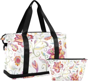 susiyo Duffel Bags Gym Bag for Women, Paisley Floral Leaves Sports Travel Duffel Bag with Shoes Compartment, Perfect for Travel, Gym