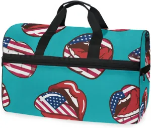 susiyo Lips and American Flag Sports Gym Bag, Travel Duffel Bag with Shoes Compartment Overnight Weekender Workout Bag for Men Women