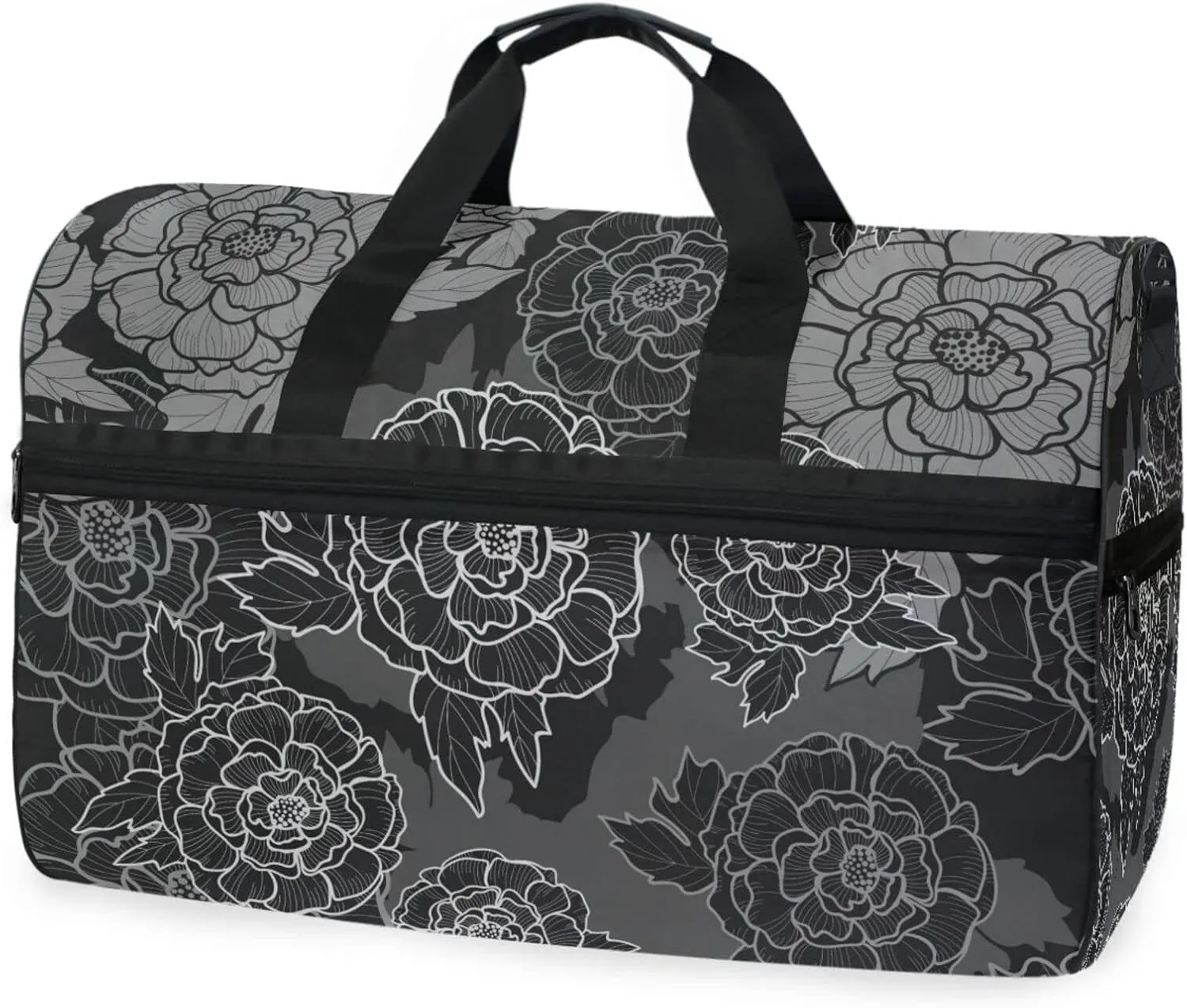 susiyo Peony Black and White Background Sports Gym Bag, Travel Duffel Bag with Shoes Compartment Overnight Weekender Workout Bag for Men Women