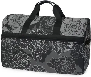 susiyo Peony Black and White Background Sports Gym Bag, Travel Duffel Bag with Shoes Compartment Overnight Weekender Workout Bag for Men Women