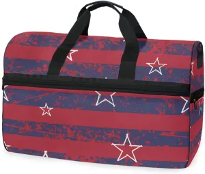 susiyo Red Blue Stripe Stars Sports Gym Bag, Travel Duffel Bag with Shoes Compartment Overnight Weekender Workout Bag for Men Women