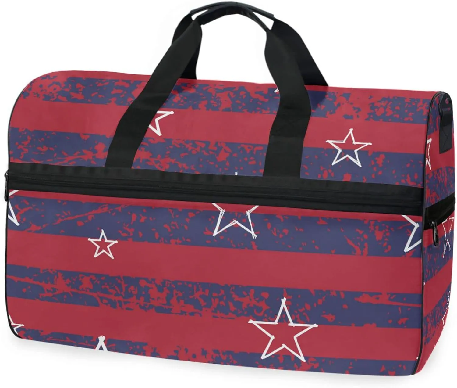 susiyo Red Blue Stripe Stars Sports Gym Bag, Travel Duffel Bag with Shoes Compartment Overnight Weekender Workout Bag for Men Women