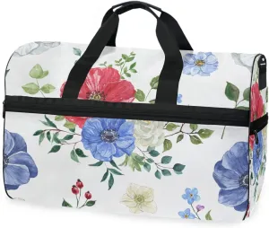 susiyo Red White Blue Flowers Sports Gym Bag, Travel Duffel Bag with Shoes Compartment Overnight Weekender Workout Bag for Men Women