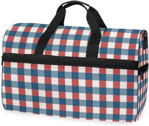 susiyo Red White Blue Plaid Sports Gym Bag, Travel Duffel Bag with Shoes Compartment Overnight Weekender Workout Bag for Men Women