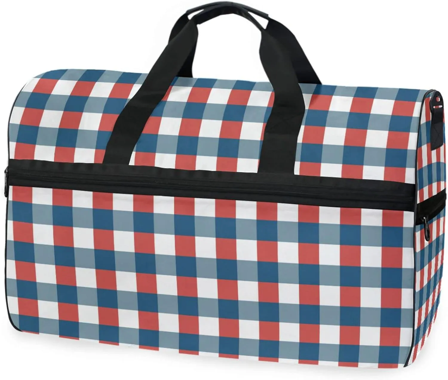 susiyo Red White Blue Plaid Sports Gym Bag, Travel Duffel Bag with Shoes Compartment Overnight Weekender Workout Bag for Men Women
