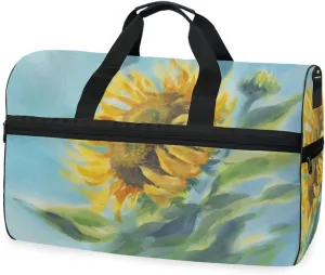 susiyo Sunflower Blue Sky Watercolor Sports Gym Bag, Travel Duffel Bag with Shoes Compartment Overnight Weekender Workout Bag for Men Women
