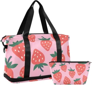 susiyo Travel Duffel Bags for Women, Strawberries Sports Duffel Bags Gym Bags with Shoes Compartment, Tote Bag Weekender Bag for Travelling
