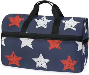 susiyo Vintage Red White Stars Sports Gym Bag, Travel Duffel Bag with Shoes Compartment Overnight Weekender Workout Bag for Men Women