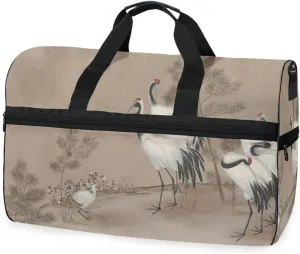 susiyo White Cranes Paint Background Sports Gym Bag, Travel Duffel Bag with Shoes Compartment Overnight Weekender Workout Bag for Men Women