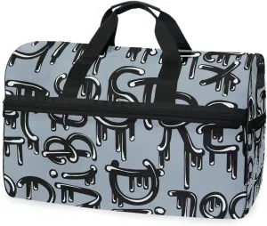 susiyo Words Art Graffiti Blue Sports Gym Bag, Travel Duffel Bag with Shoes Compartment Overnight Weekender Workout Bag for Men Women
